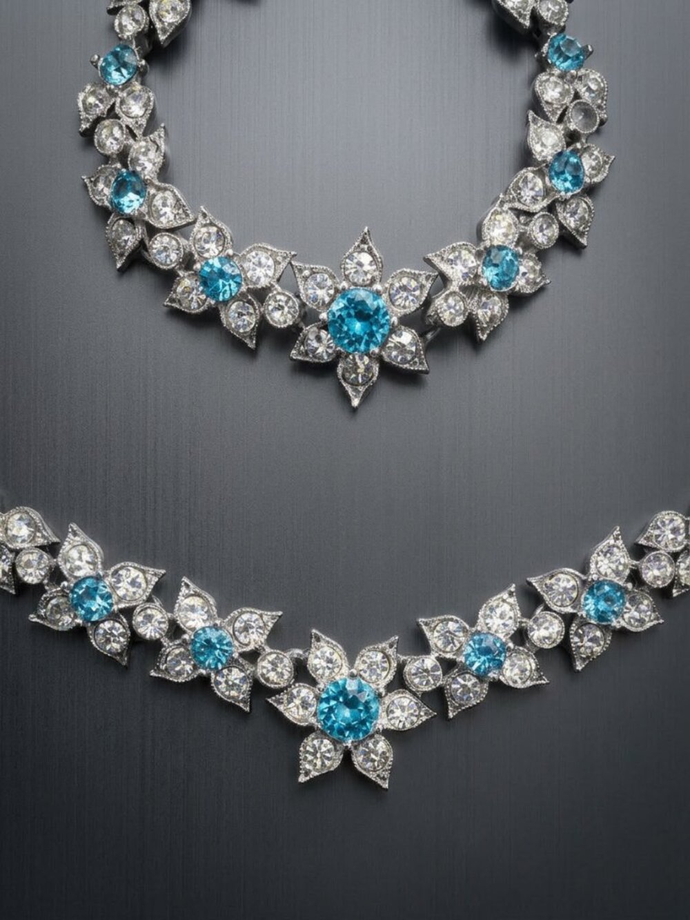 Vintage Bogoff Rhinestone Necklace & Bracelet Set – Aquamarine & Clear Floral